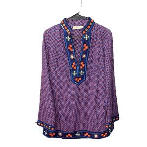 Tory Burch Embroidered Cotton Tunic Women's 8 Blue Orange Beaded Side Zip